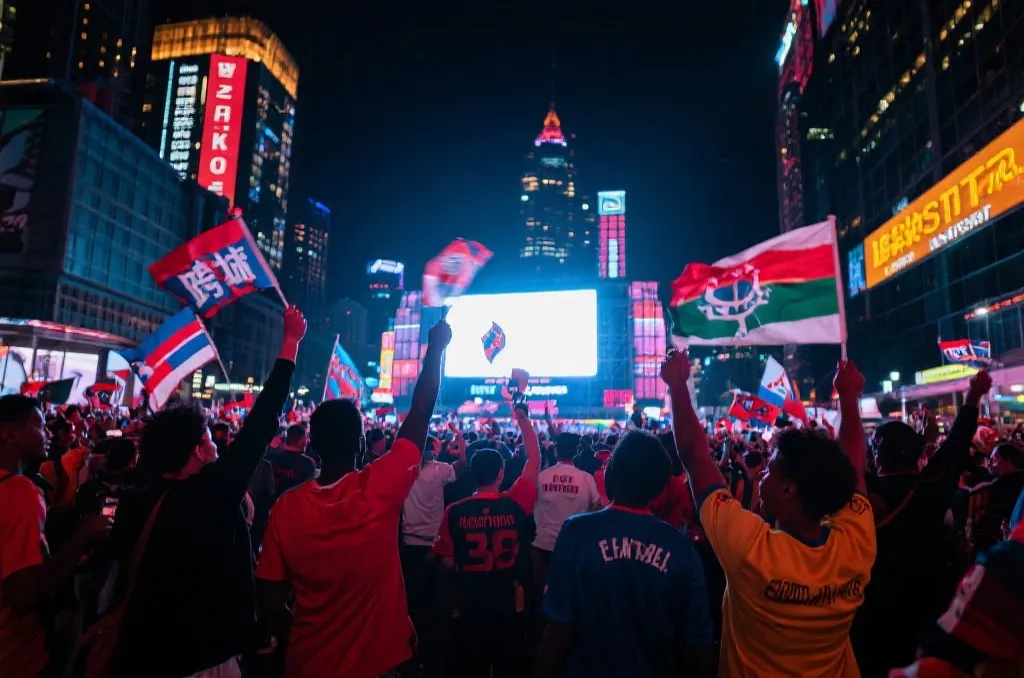 夜晚城市广场上的球迷举旗欢呼,霓虹与屏幕光交织,呈现跨城应援氛围
